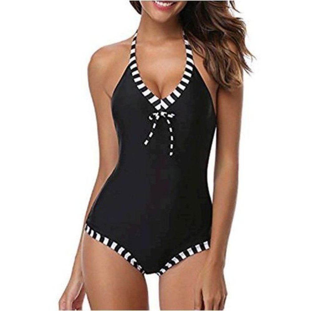 Tempt Me Contrast Edge Plunge Halter Swimsuit M